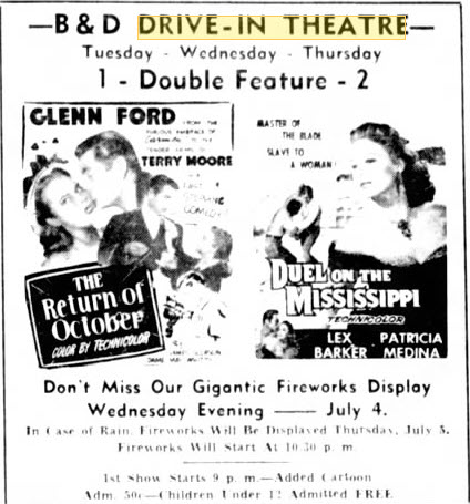 B & D Drive-In Theatre - 18 Jul 1956 Ad